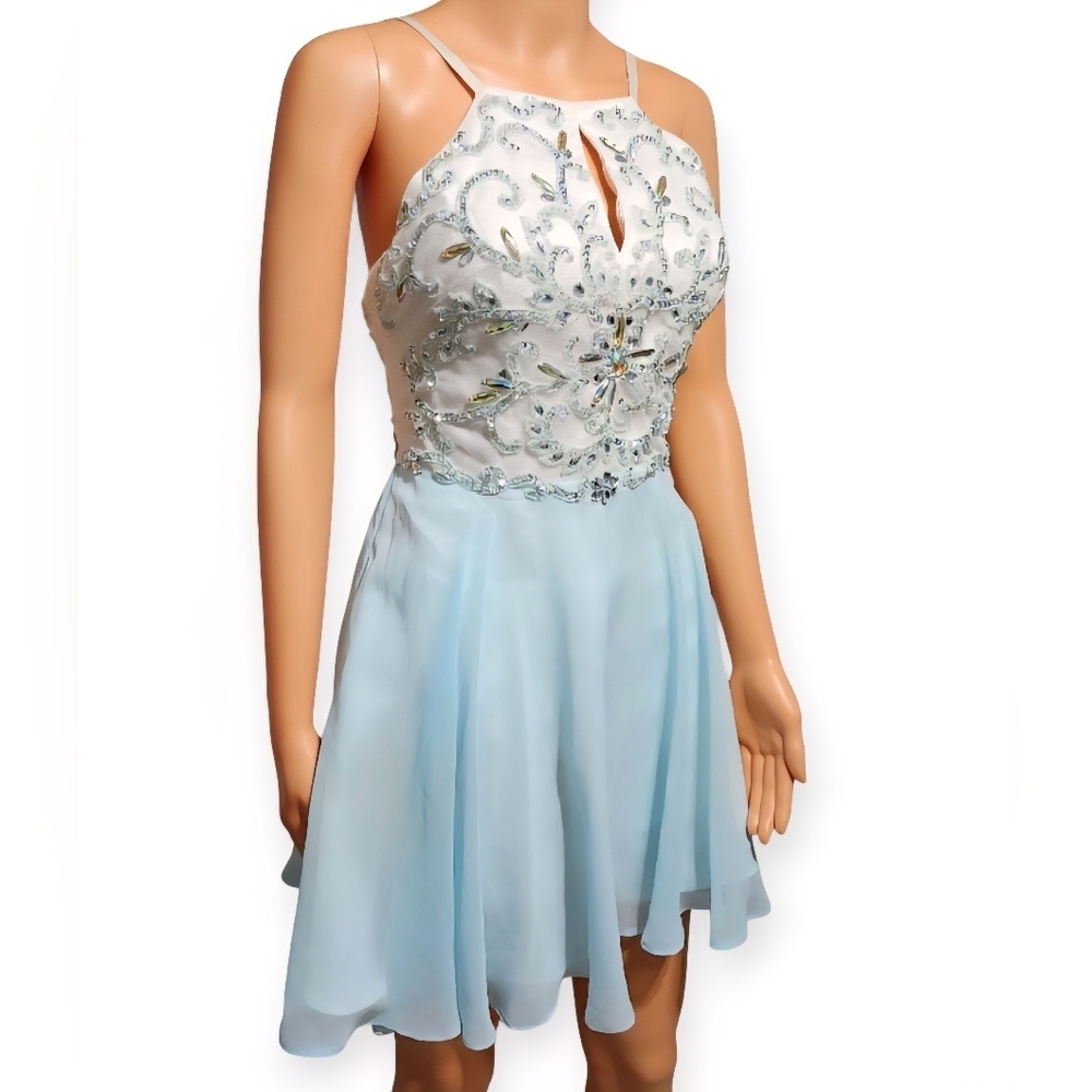 Xscape Blue and White Embellished Mini Dress - Picture 3 of 8